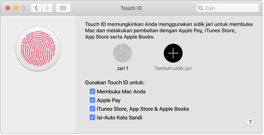 Jendela preferensi Touch ID dengan pilihan untuk menambahkan sidik jari dan menggunakan Touch ID untuk membuka Mac Anda, menggunakan Apple Pay, dan membeli dari iTunes Store, App Store, dan Toko Buku.