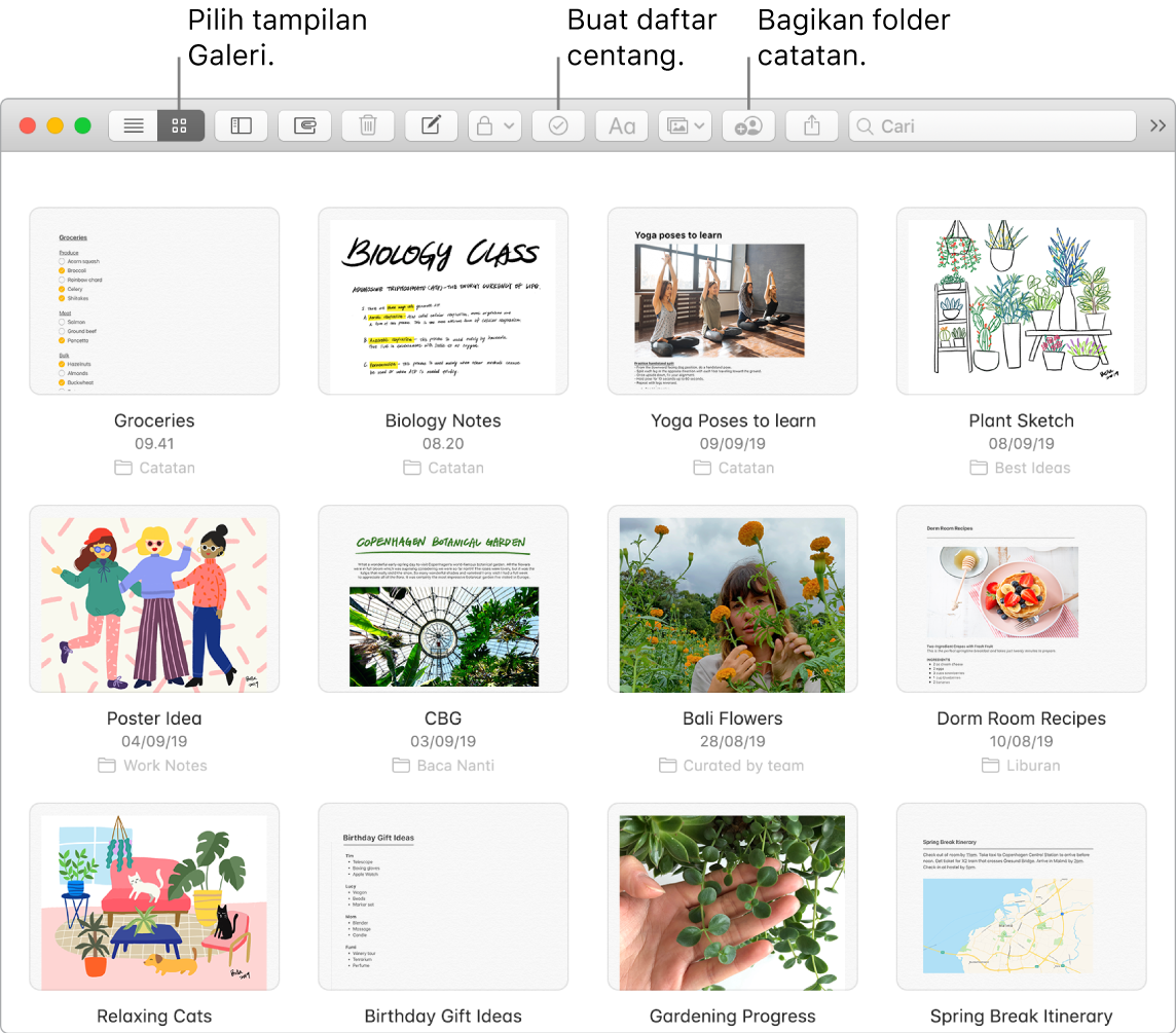 Jendela Catatan menampilkan tombol pilih tampilan galeri, tombol daftar centang, dan tombol bagikan folder.