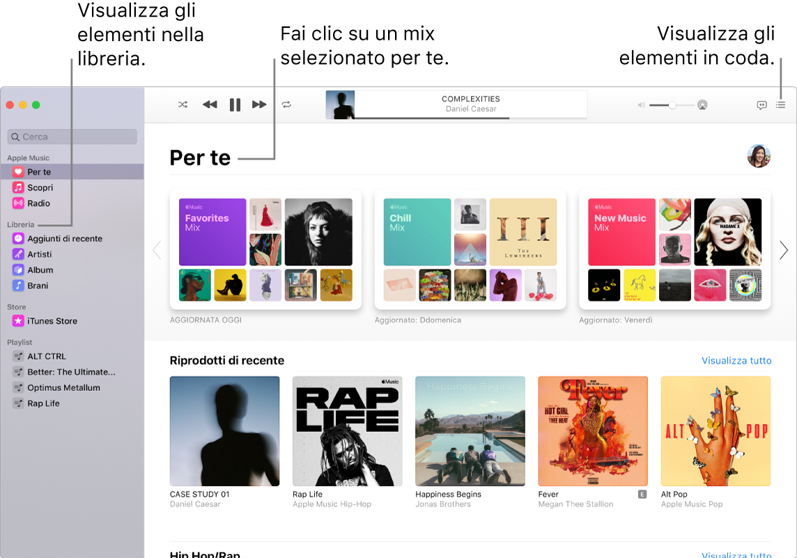 Una finestra dell'app Musica che mostra come visualizzare la libreria, ascoltare Apple Music e visualizzare i brani in coda.