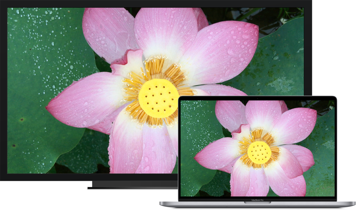 HDTV теледидарының жанында сыртқы дисплей ретінде пайдаланылған MacBook Pro.