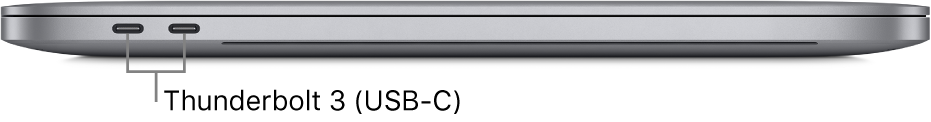 Het linkeraanzicht van een MacBook Pro met bijschriften voor de Thunderbolt 3-poorten (USB-C).