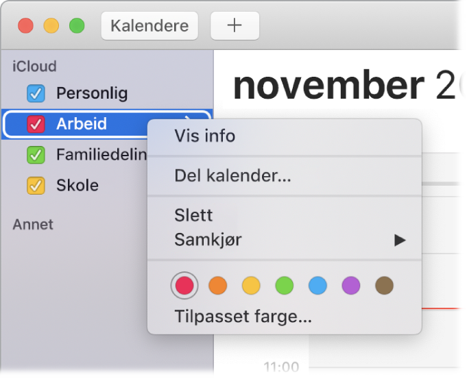 Kalender-snarveismenyen med alternativer for å endre fargen for en kalender.