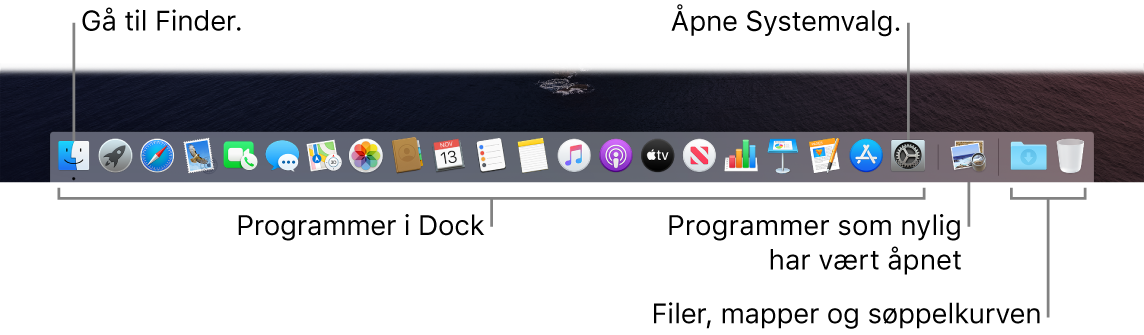 Dock, som viser Finder, Systemvalg og linjen i Dock som skiller programmer fra filer og mapper.