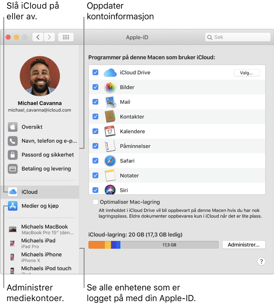 Apple-ID-panelet i Systemvalg. Klikk på et objekt i sidepanelet for å oppdatere kontoinformasjonen din, slå iCloud på eller av, administrere mediekontoer og vise alle enheter som er logget på med din Apple-ID.