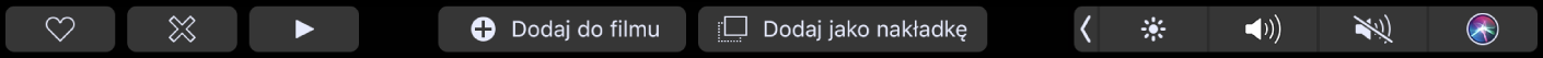 Pasek Touch Bar w iMovie zawierający przyciski do oznaczania klipów jako ulubionych, usuwania ich, odtwarzania, dodawania do filmu oraz dodawania jako nakładkę.