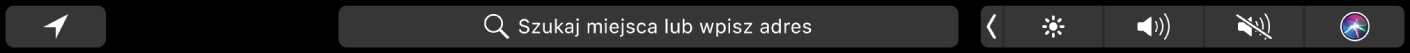 Pasek Touch Bar aplikacji Mapy zawierający przyciski bieżącego położenia oraz trasy. Widoczny jest również pasek wyszukiwania.