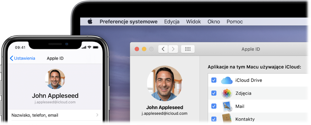 iPhone wyświetlający ustawienia iCloud oraz ekran Maca z oknem iCloud.