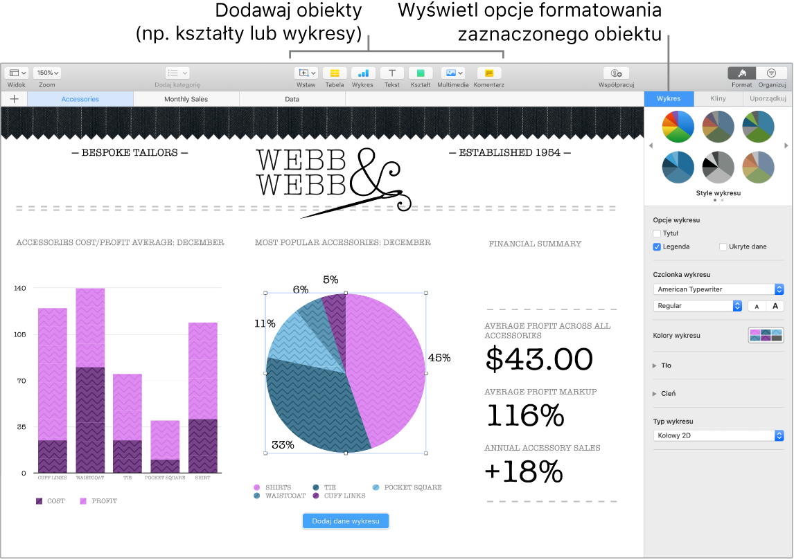 Okno aplikacji Numbers z opisami wskazującymi kategorie obiektów, które można dodać, oraz opcje ich formatowania.