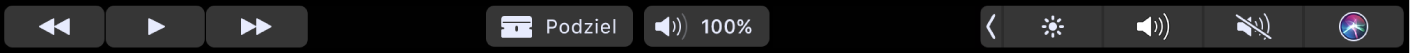Wygląd paska Touch Bar aplikacji iMovie podczas odtwarzania klipu. Wyświetlane są przyciski przewijania do tyłu, odtwarzania, przewijania do przodu, dzielenia klipu oraz regulacji głośności.