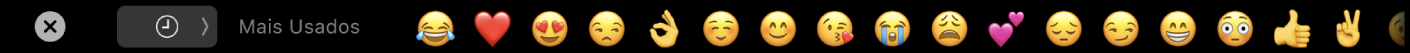 A Touch Bar do Mensagens mostrando as opções de Emojis utilizados frequentemente e o botão para seleção de diferentes categorias de Emoji.