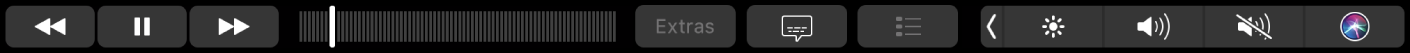 Touch Bar do app TV com botões para retroceder, reproduzir/pausar, avançar, Extras, Legendas, Menu e uma barra de exploração para navegação.