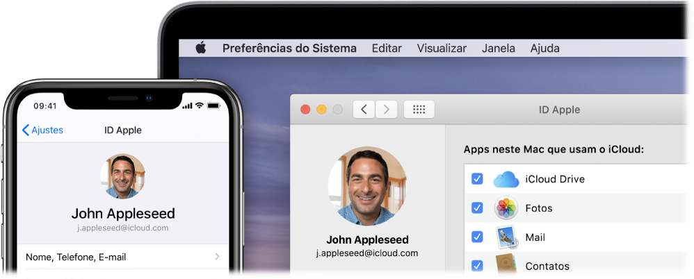 Um iPhone mostrando os ajustes do iCloud e a tela de um Mac mostrando a janela do iCloud.