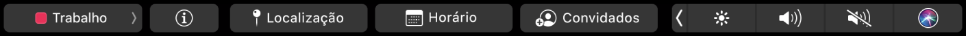 Touch Bar do Calendário com botões para escolher calendários, ver detalhes do evento, editar a localização, editar o horário e adicionar convidados.