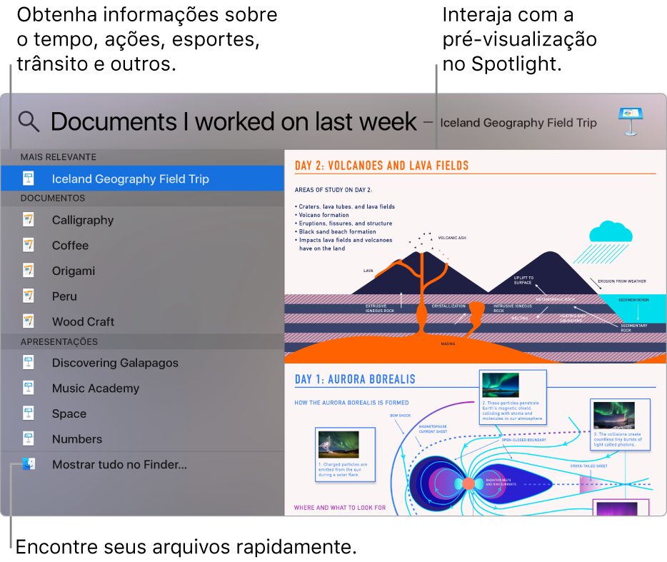 Janela do Spotlight mostrando resultados de busca à esquerda e uma pré-visualização à direita.