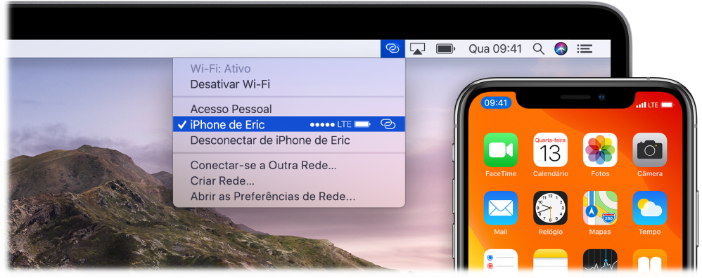 Tela do Mac com o menu Wi-Fi, mostrando um Acesso Pessoal conectado a um iPhone.