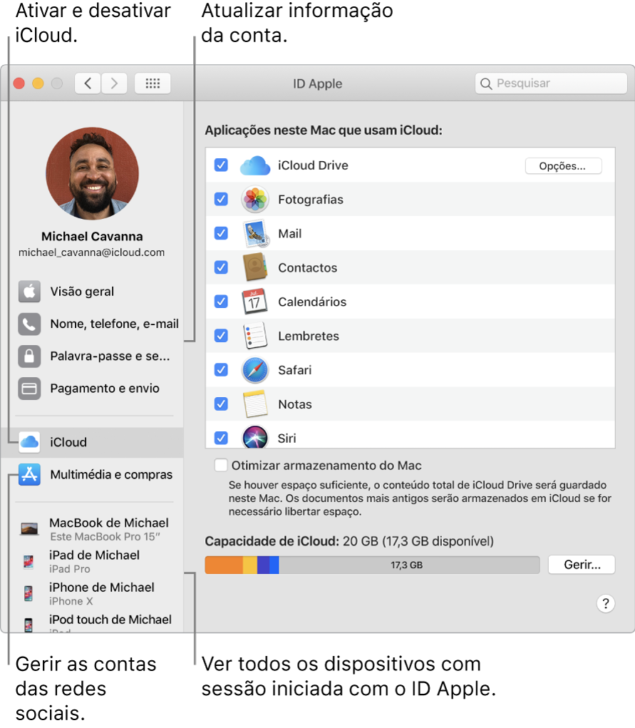 O painel ID Apple nas Preferências do Sistema. Clique num elemento na barra lateral para atualizar as informações da conta, ativar ou desativar iCloud, gerir contas multimédia e ver todos os dispositivos com sessão iniciada com o seu ID Apple.