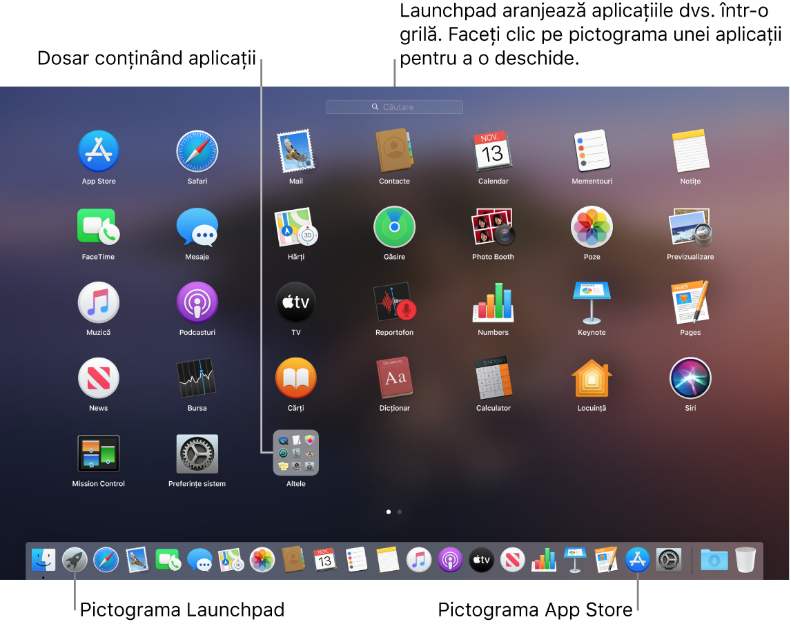 Un ecran de Mac cu Launchpad deschis, afișând un dosar de aplicații din Launchpad, pictograma Launchpad și pictograma Mac App Store din Dock.