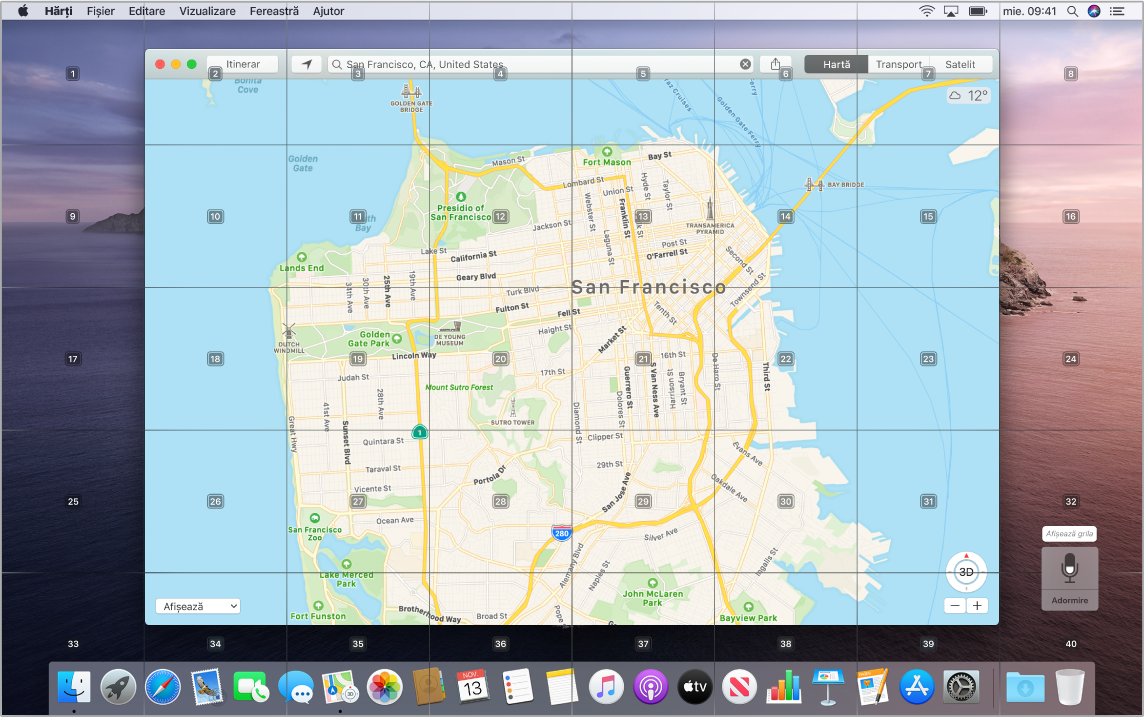 Aplicația Hărți deschisă pe desktop cu grila suprapusă.