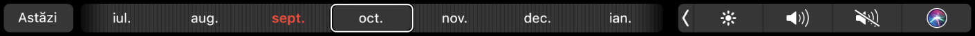Touch Bar pentru Calendar cu butonul Astăzi și un glisor pentru selectarea unei luni.