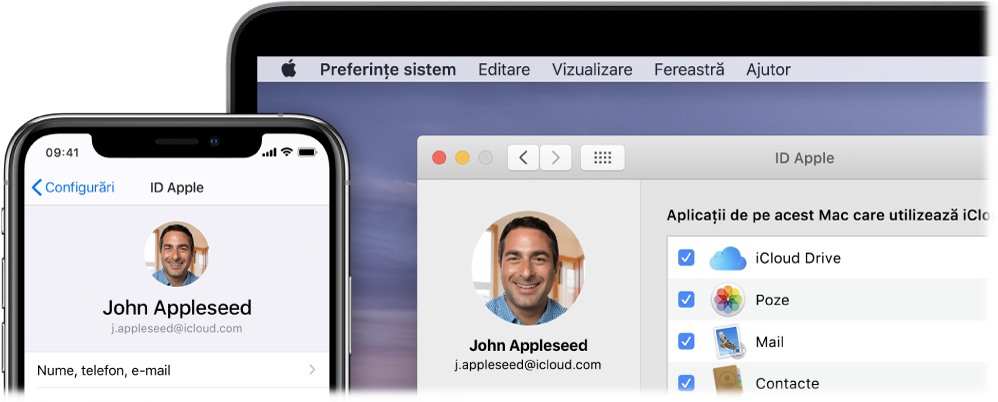 Un iPhone care afișează configurările pentru iCloud și un ecran Mac care afișează fereastra iCloud.