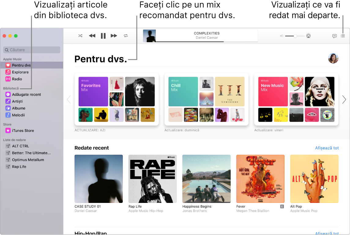 O fereastră a aplicației Muzică, prezentând modul de vizualizare a bibliotecii, de ascultare în Apple Music și de vizualizare a melodiei care urmează.