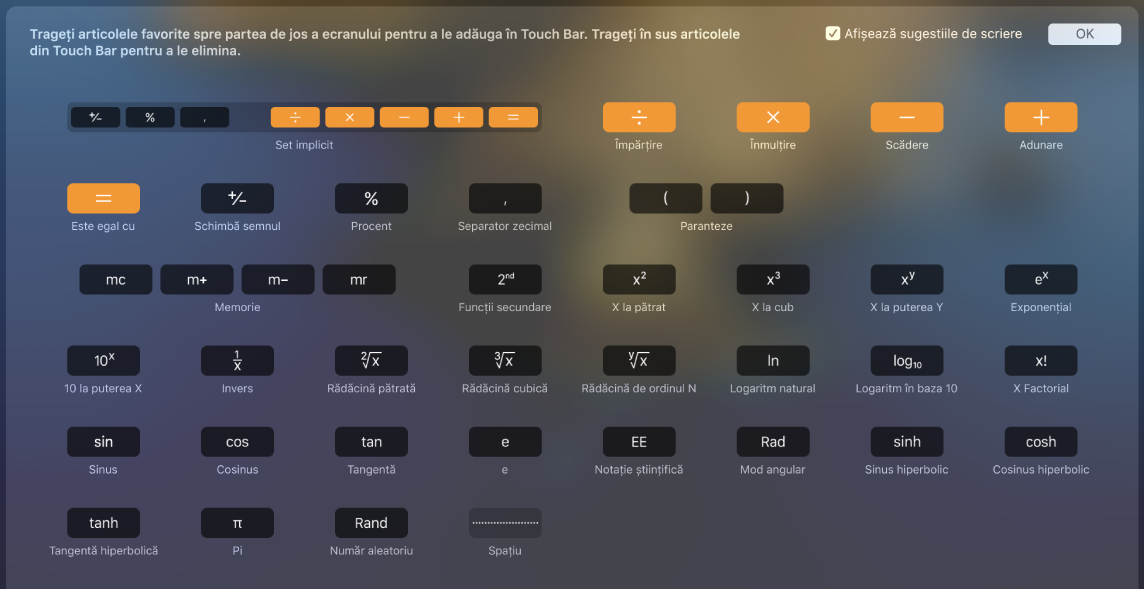 Articolele pe care le puteți personaliza în Touch Bar pentru Calculator, prin tragerea lor în Touch Bar.