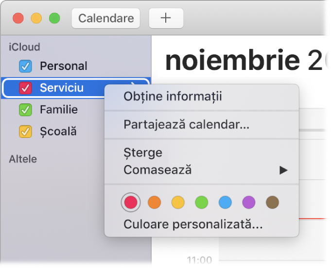 Meniu de scurtături Calendar cu opțiuni pentru personalizarea culorii unui calendar.