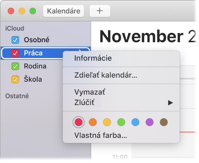 Menu skratiek Kalendára s možnosťami na prispôsobenie farby kalendára.