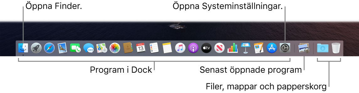 Dock som visar Finder, Systeminställningar och avdelaren i Dock som skiljer program från filer och mappar.