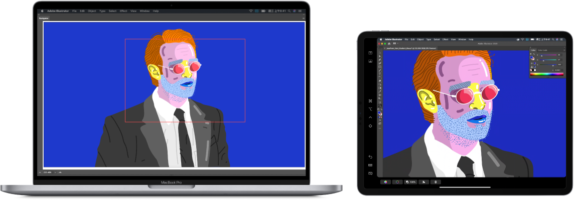 MacBook Pro 和 iPad 並排放置。MacBook Pro 在 Illustrator 的導覽器視窗中顯示藝術作品。iPad 在 Illustrator 的文件視窗中顯示相同的藝術作品，周圍是工具列。
