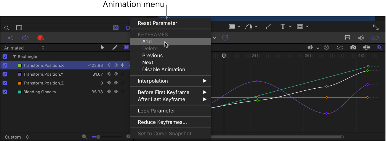 Parameterliste im Keyframe-Editor mit dem Animationsmenü