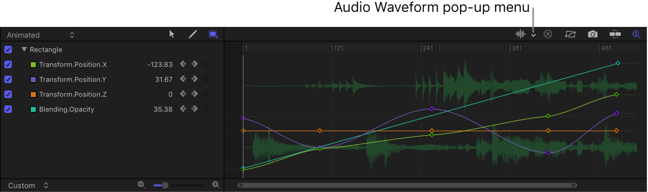 Einblendmenü „Audio-Wellenform“ im Keyframe-Editor