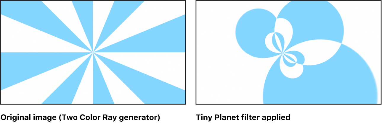 Der Canvas mit dem Effekt des Filters „Tiny Planet“ beim Generator „Zweifarbiger Strahl“