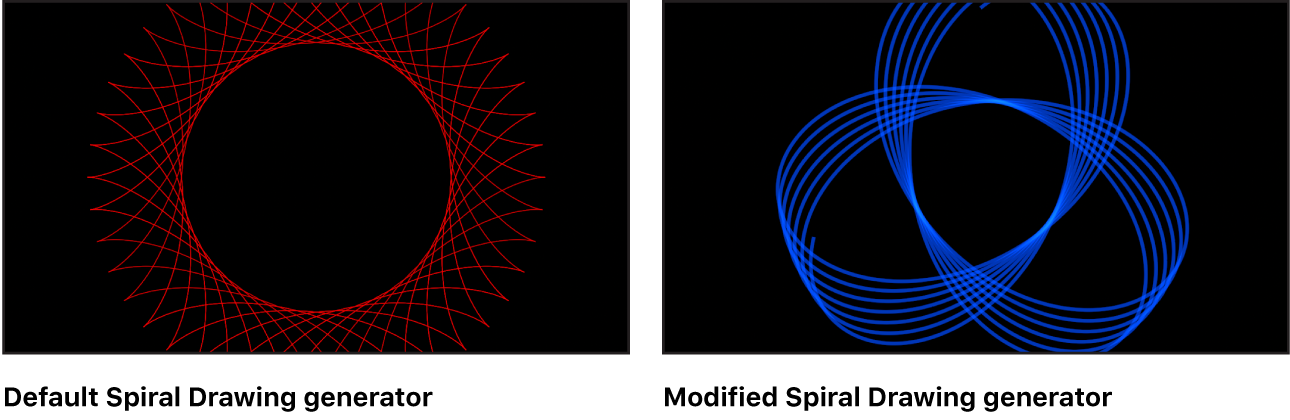 Canvas mit dem Generator „Spiralzeichnung“ und verschiedenen Einstellungen