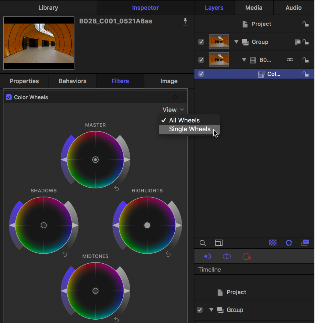 Color Wheels controls in the Filters Inspector showing the View pop-up menu