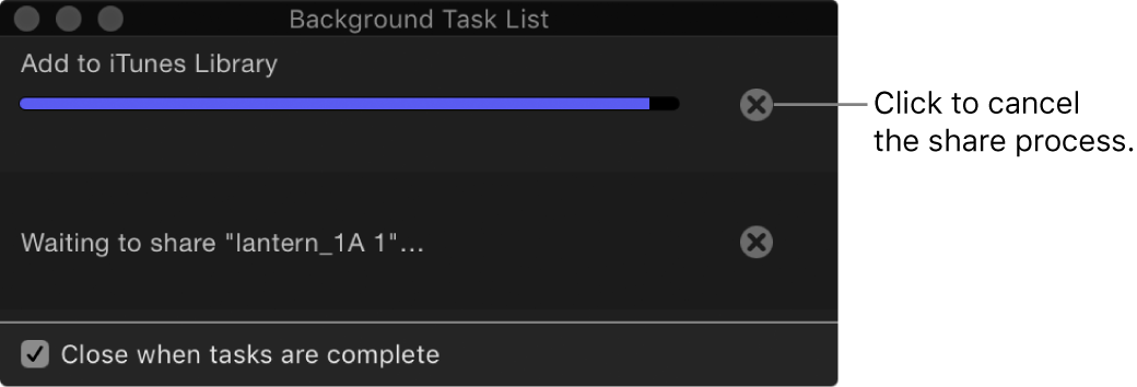 Background Task List showing the Cancel button