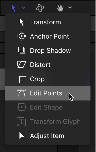 Selecting the Edit Points tool from the transform tools pop-up menu