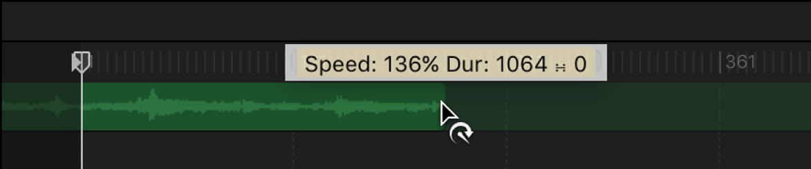Timeline showing an audio clip being shortened with the retiming pointer