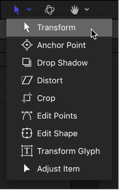 Transform tools pop-up menu in the canvas toolbar