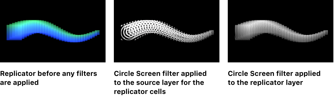 Lienzo donde se comparan replicadores con un filtro aplicado a la capa de celda de origen con el replicador más tarde.