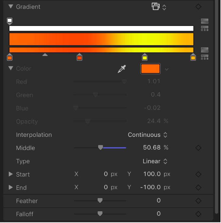 Editor de gradación donde se muestran los controles de color cuando hay una etiqueta seleccionada.