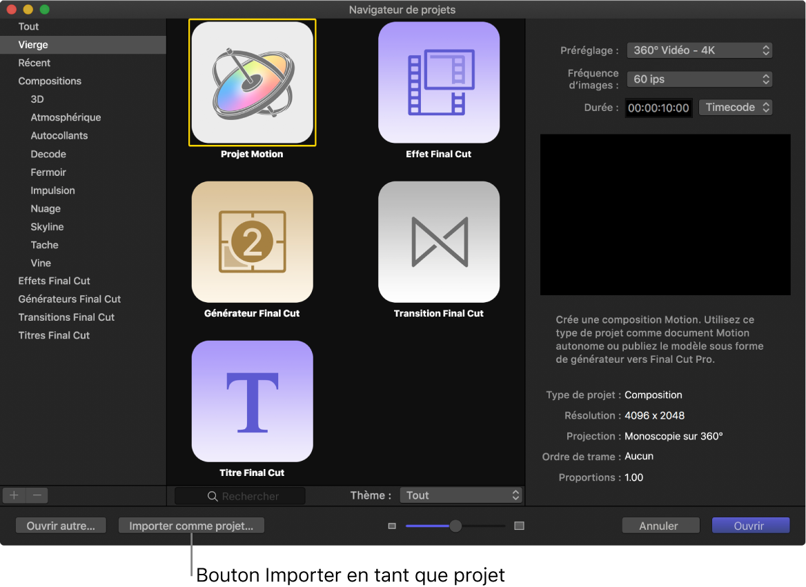 Bouton « Importer en tant que projet » dans le navigateur de projets
