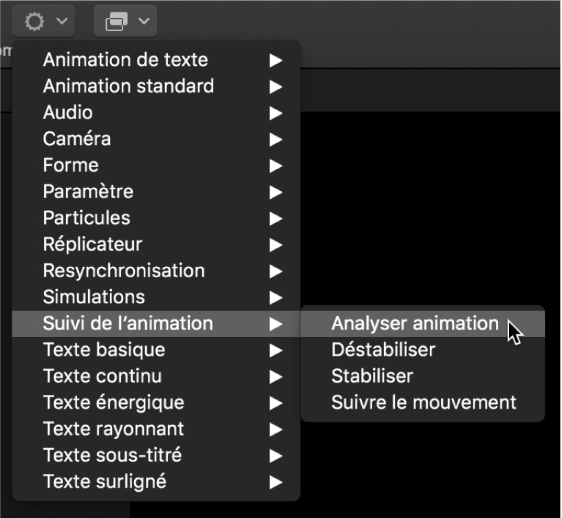 Barre d’outils affichant le menu local Comportements et le sous-menu de comportements Suivi de l’animation