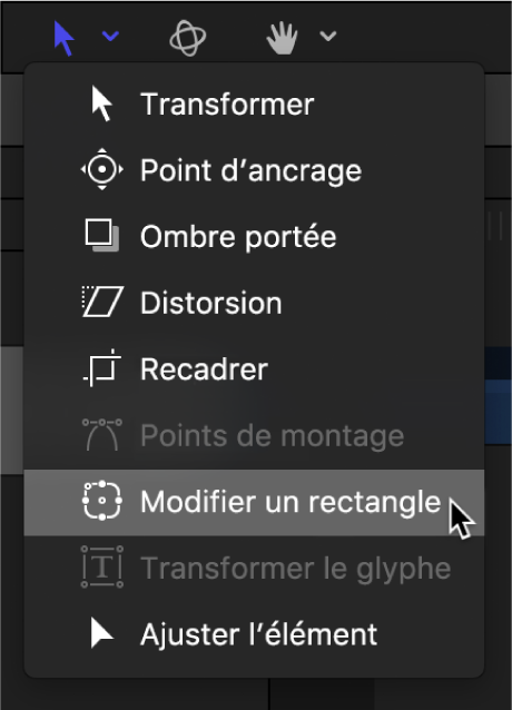 Sélection de l’outil Modifier le rectangle dans le menu local des outils de transformation