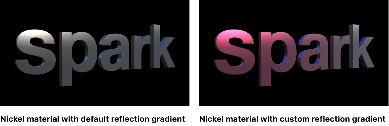 「ニッケル」のデフォルトの「反射のグラデーション」の3Dテキストと、「ニッケル」の変更した「反射のグラデーション」の3Dテキストが表示されているキャンバス