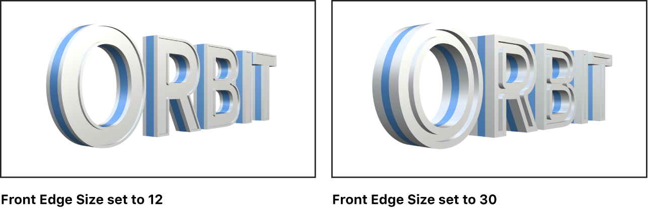 「前面エッジ」が12に設定されている3Dテキストと30に設定されている3Dテキストが表示されているキャンバス