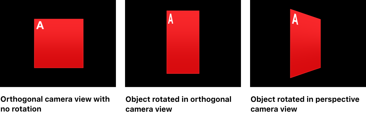 显示没有旋转的对象、在正交摄像机视图中旋转的对象与在透视摄像机视图中旋转的对象的画布