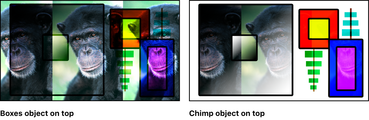 显示使用“叠层”模式混合的框和猴子的画布