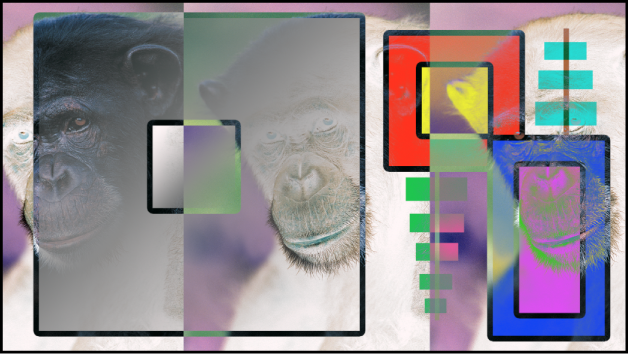 显示使用“排除”模式混合的框和猴子的画布