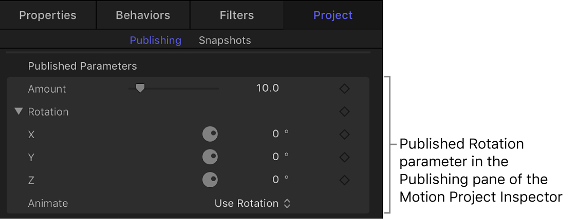 项目检查器的“发布”面板中已发布的“旋转”参数
